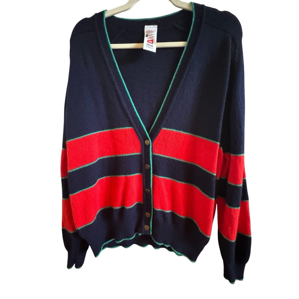 Vintage St. Michael Lambswool Adult Navy UK 46-48 Large Cardigan Red Stripes